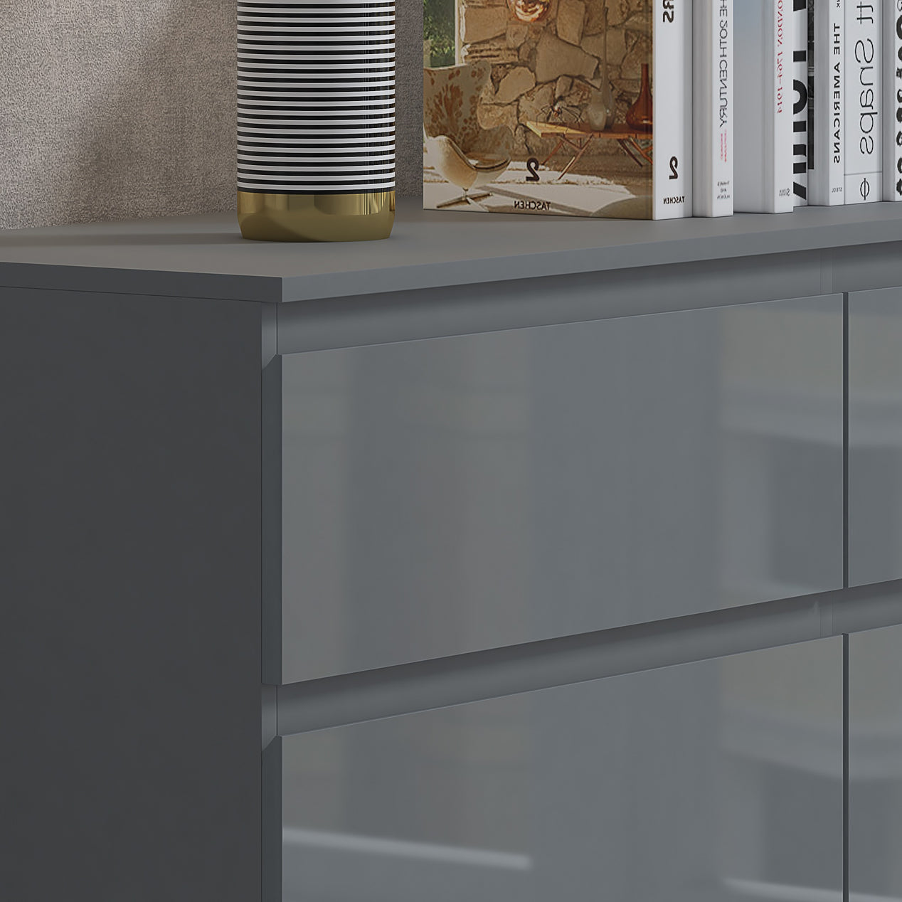 FWStyle Stora 6 Drawer Wide 3+3 Chest Of Drawers - Grey Gloss Front