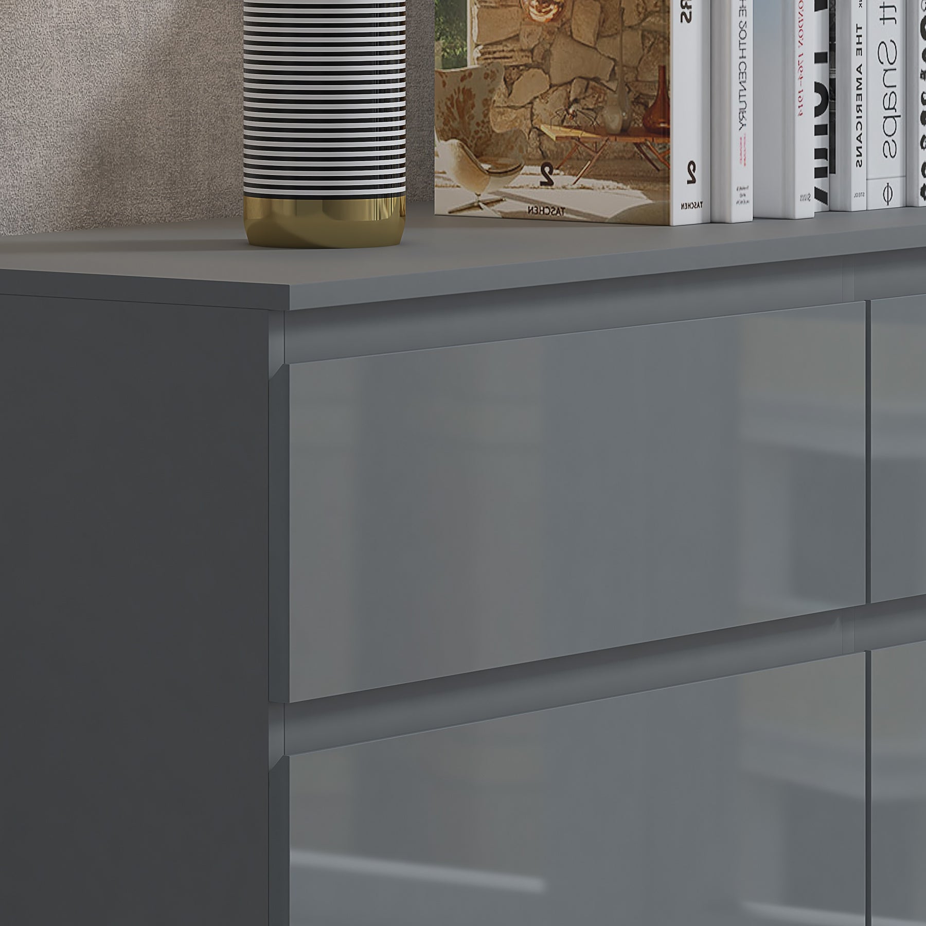 FWStyle Stora 6 Drawer Wide 3+3 Chest Of Drawers - Grey Gloss Front