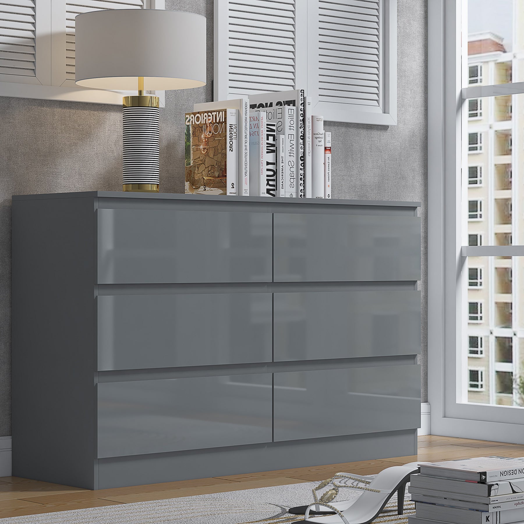 FWStyle Stora 6 Drawer Wide 3+3 Chest Of Drawers - Grey Gloss Front
