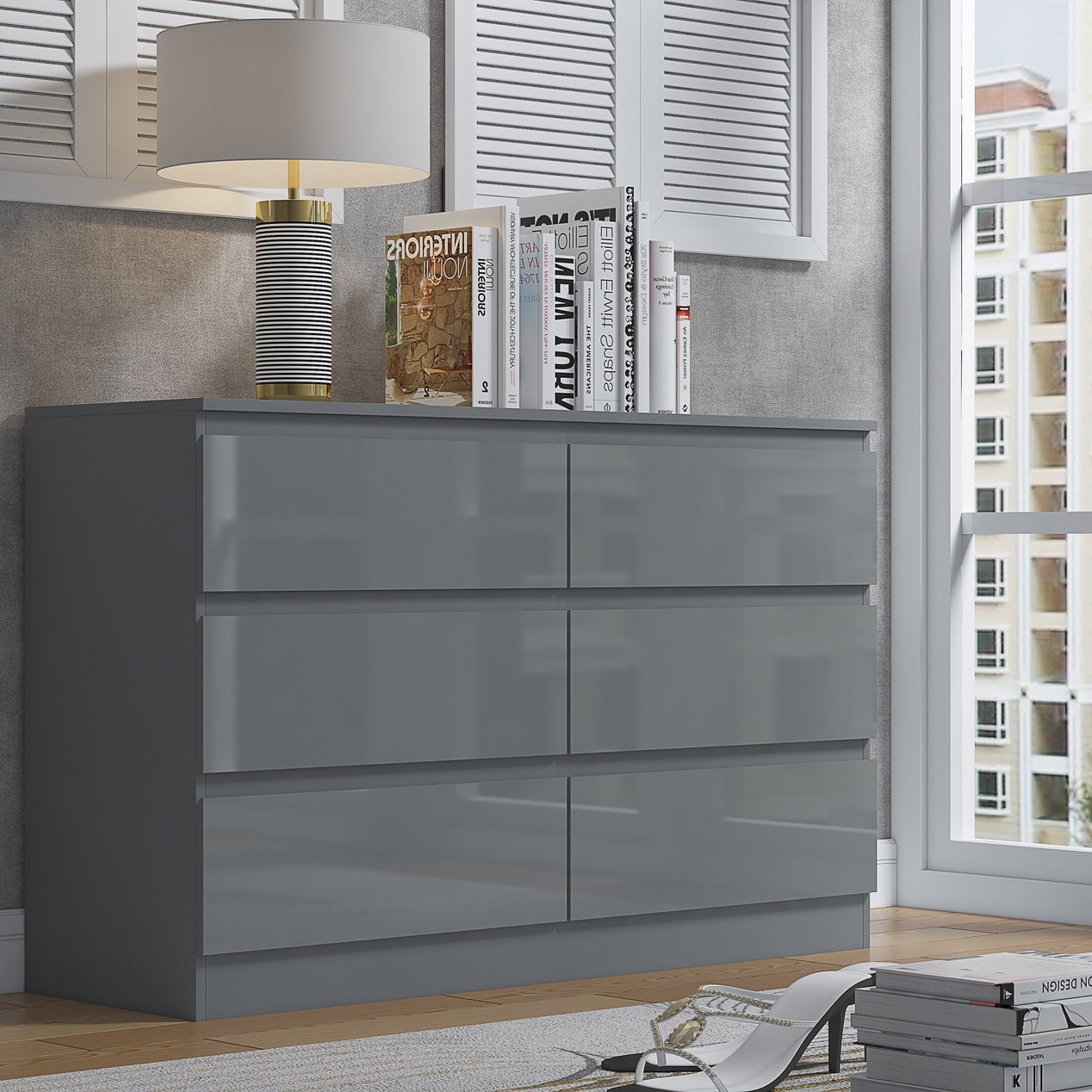 FWStyle Stora 6 Drawer Wide 3+3 Chest Of Drawers - Grey Gloss Front