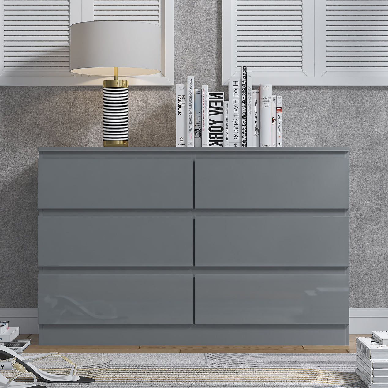 FWStyle Stora 6 Drawer Wide 3+3 Chest Of Drawers - Grey Gloss Front