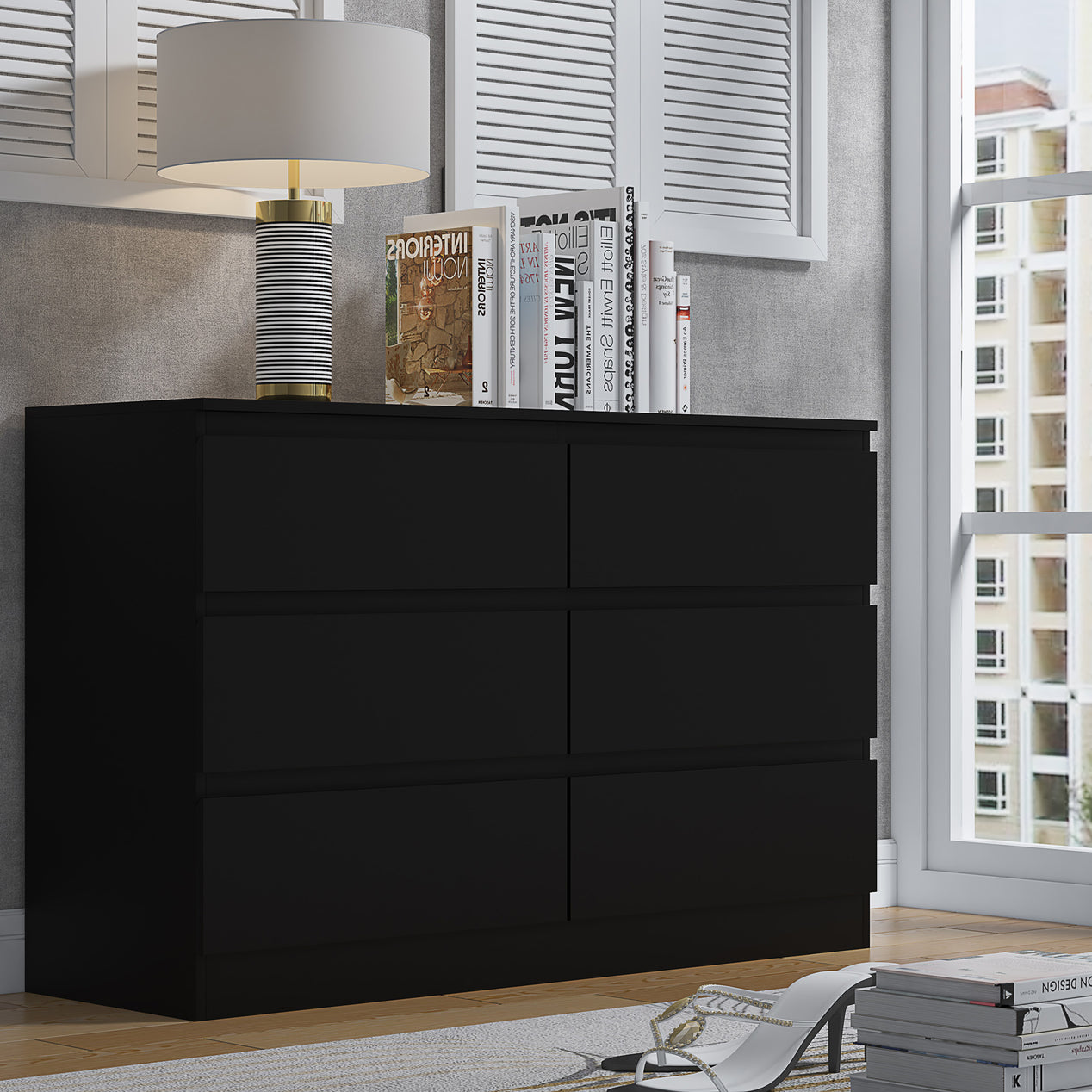 FWStyle Stora 6 Drawer Wide 3+3 Chest Of Drawers - Matt Black