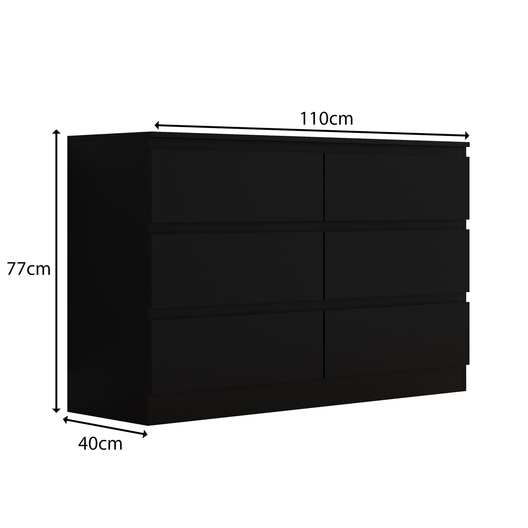 FWStyle Stora 6 Drawer Wide 3+3 Chest Of Drawers - Matt Black