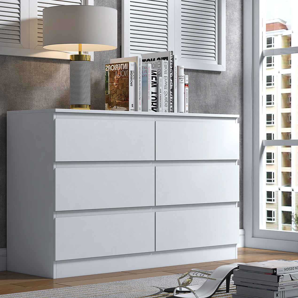 FWStyle Stora 6 Drawer Wide 3+3 Chest Of Drawers - Matt White