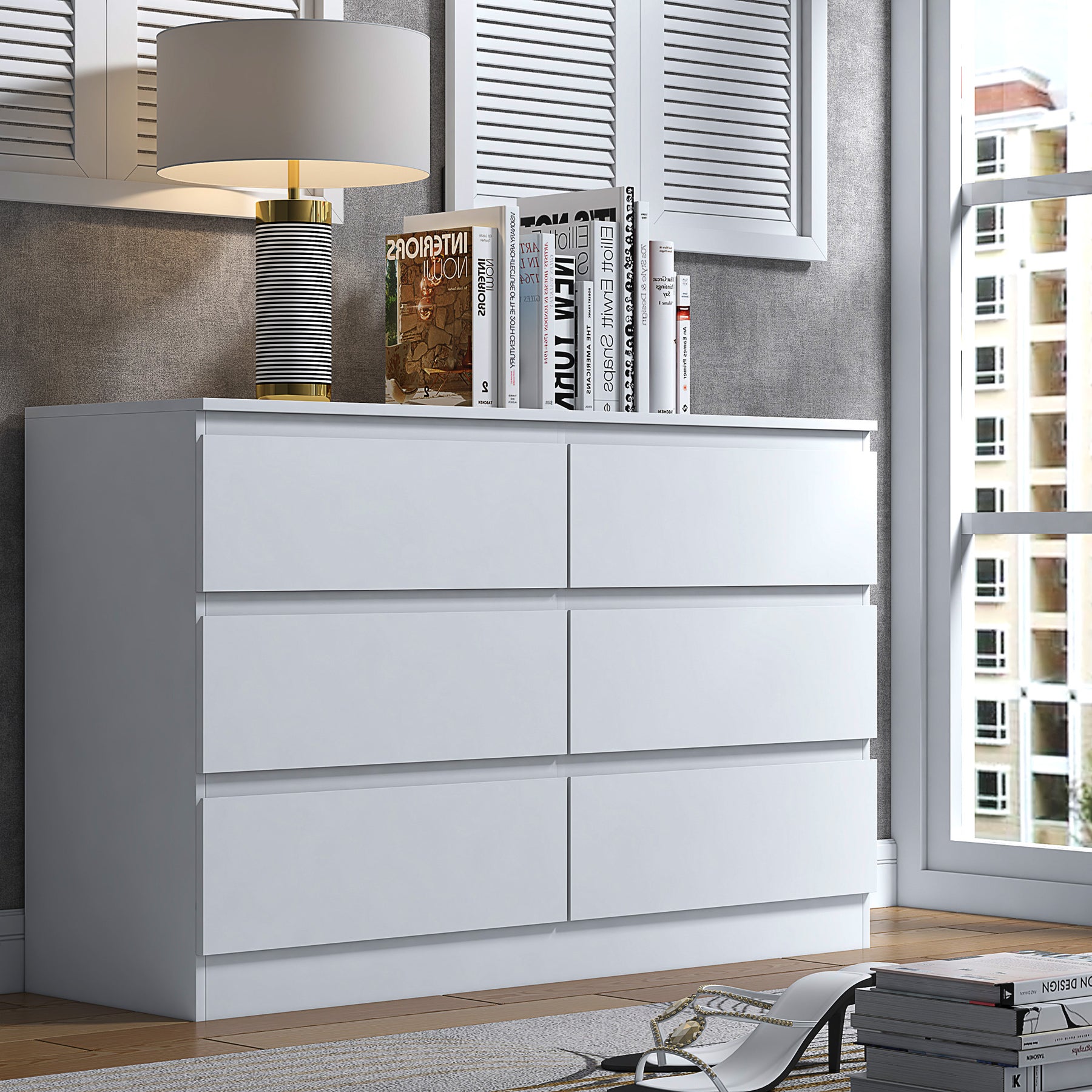 FWStyle Stora 6 Drawer Wide 3+3 Chest Of Drawers - Matt White