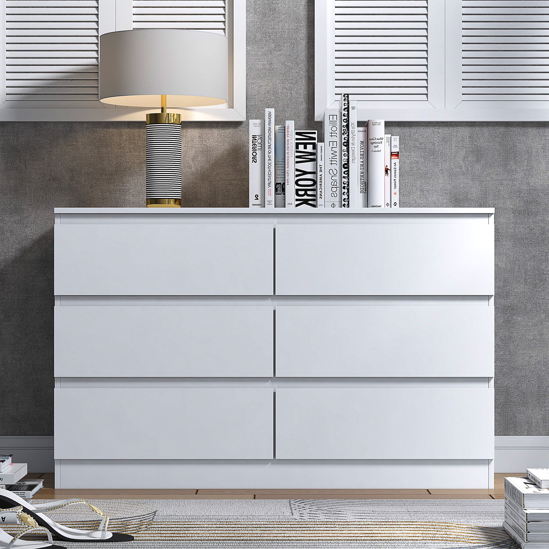 FWStyle Stora 6 Drawer Wide 3+3 Chest Of Drawers - Matt White