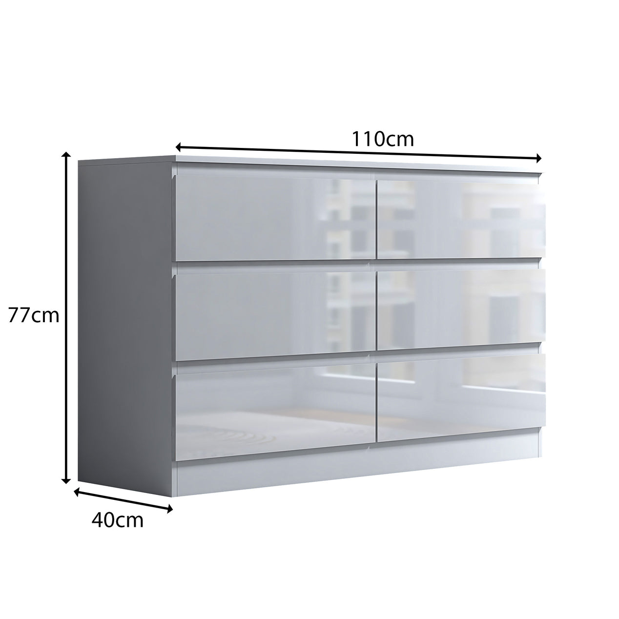 FWStyle Stora 6 Drawer Wide 3+3 Chest Of Drawers - White Gloss Front