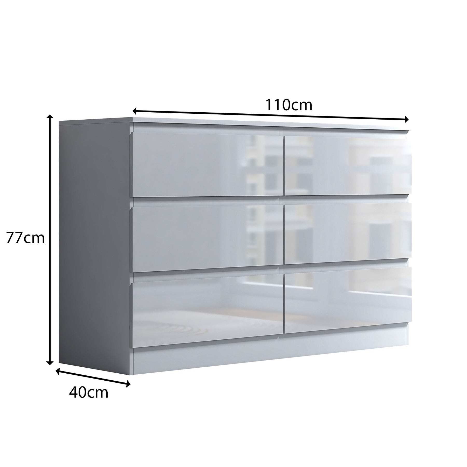 FWStyle Stora 6 Drawer Wide 3+3 Chest Of Drawers - White Gloss Front