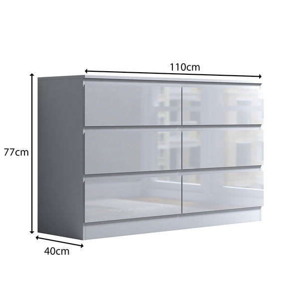 FWStyle Stora 6 Drawer Wide 3+3 Chest Of Drawers - White Gloss Front