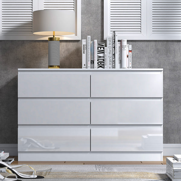 FWStyle Stora 6 Drawer Wide 3+3 Chest Of Drawers - White Gloss Front