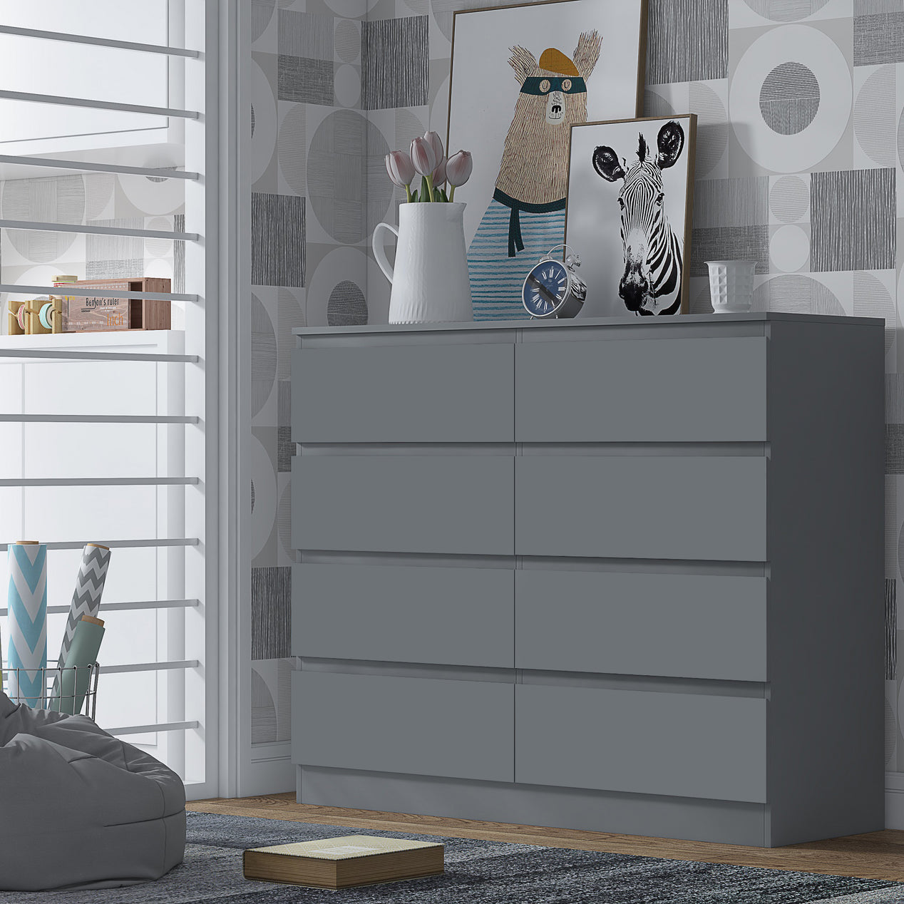 FWStyle Stora 8 Drawer Wide 4+4 Chest Of Drawers - Matt Dark Grey