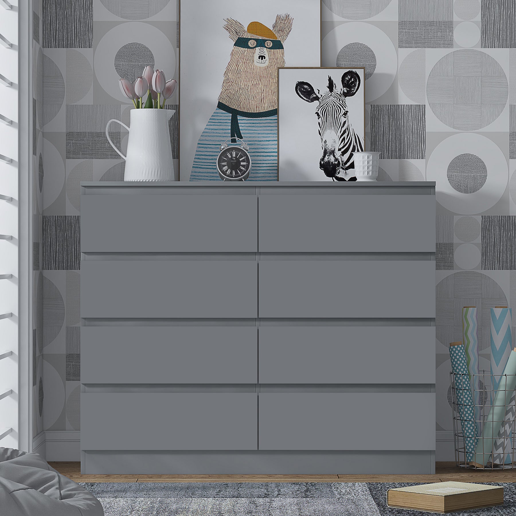FWStyle Stora 8 Drawer Wide 4+4 Chest Of Drawers - Matt Dark Grey