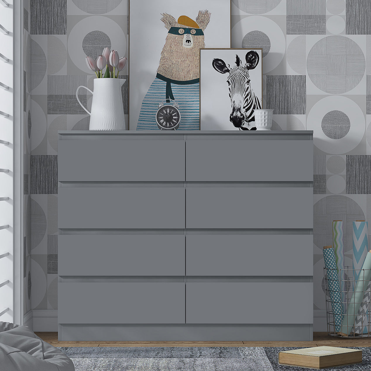 FWStyle Stora 8 Drawer Wide 4+4 Chest Of Drawers - Matt Dark Grey