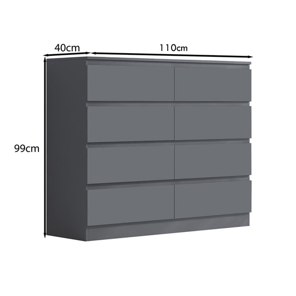 FWStyle Stora 8 Drawer Wide 4+4 Chest Of Drawers - Matt Dark Grey