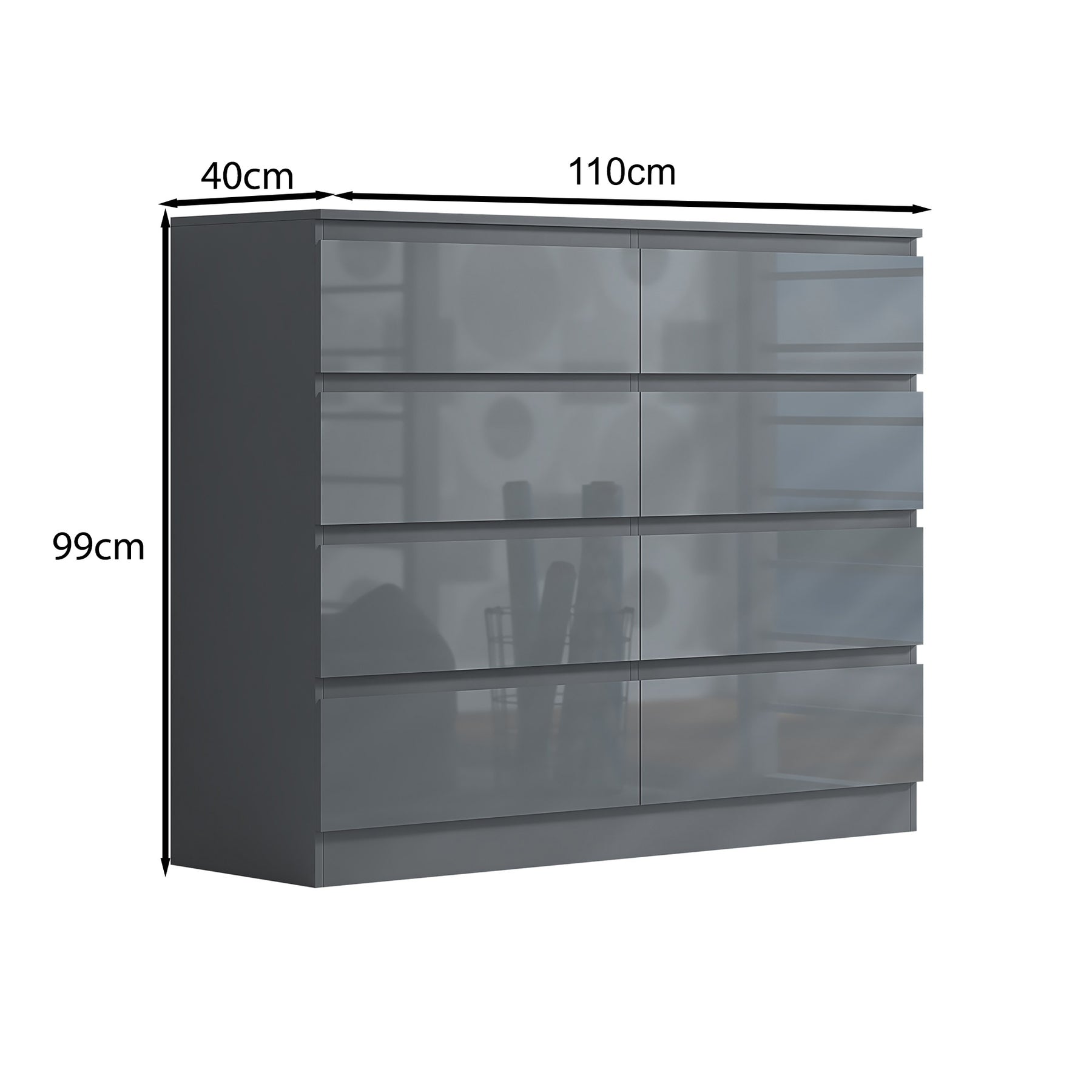 FWStyle Stora 8 Drawer Wide 4+4 Chest Of Drawers - Grey Gloss Front