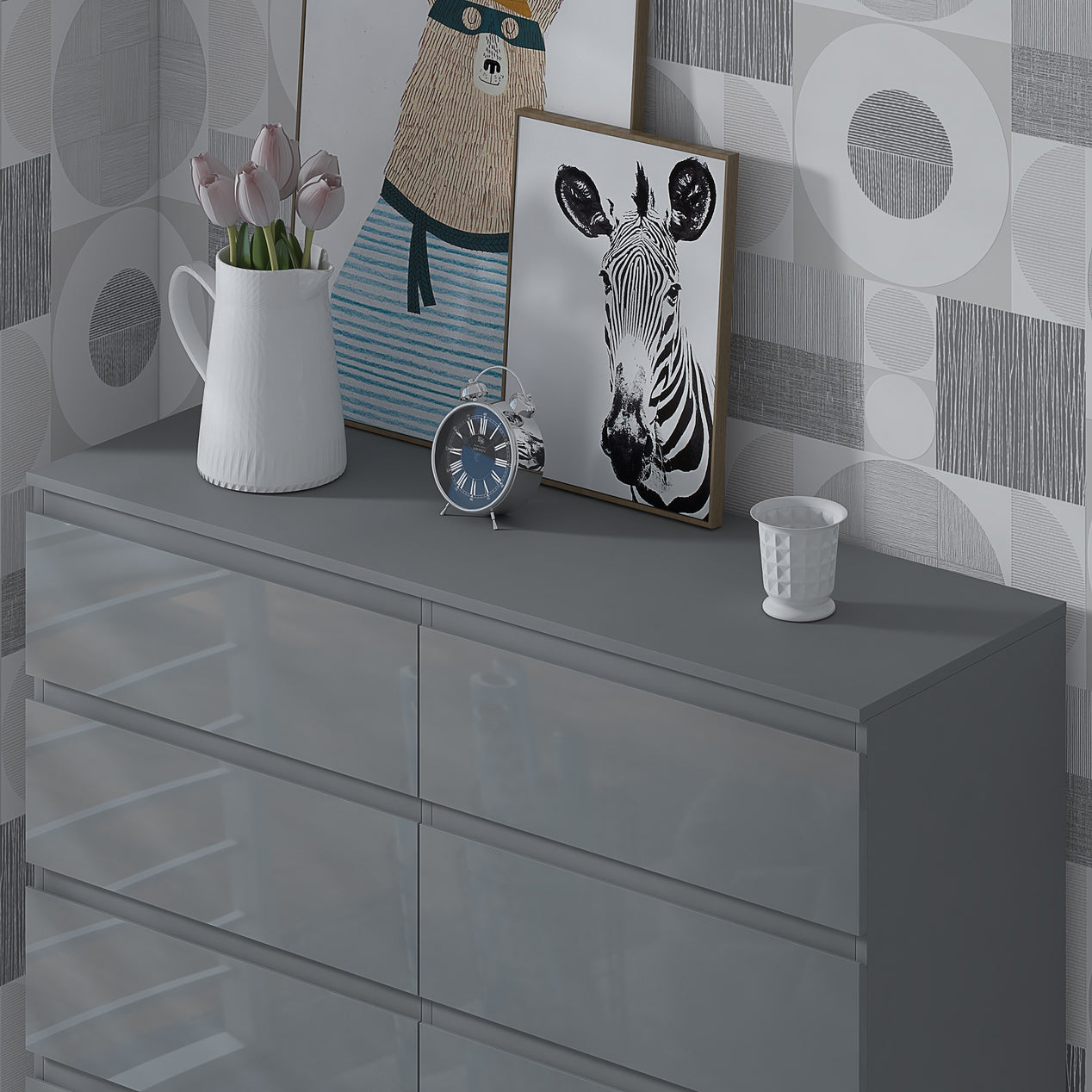 FWStyle Stora 8 Drawer Wide 4+4 Chest Of Drawers - Grey Gloss Front