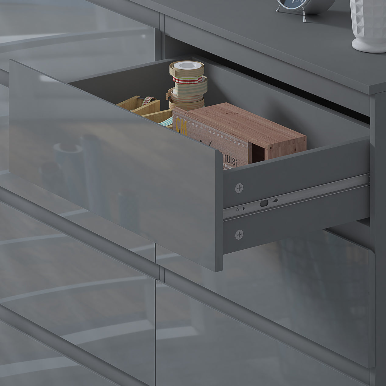 FWStyle Stora 8 Drawer Wide 4+4 Chest Of Drawers - Grey Gloss Front