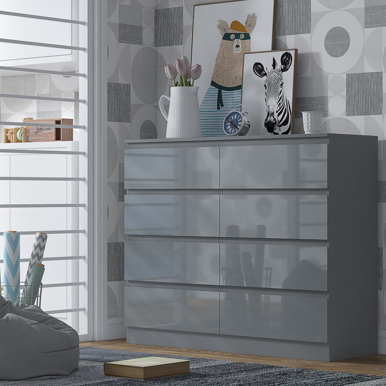 FWStyle Stora 8 Drawer Wide 4+4 Chest Of Drawers - Grey Gloss Front