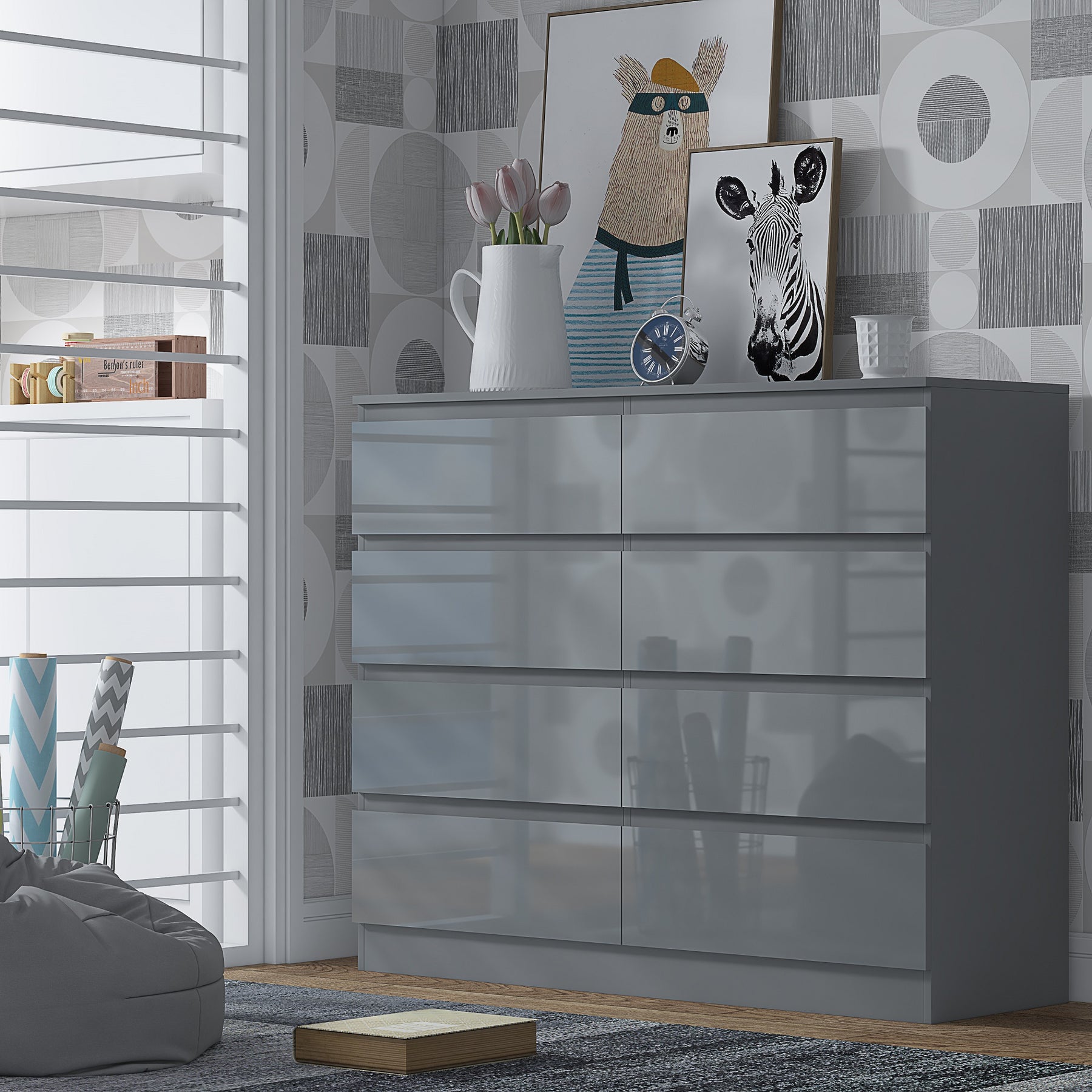 FWStyle Stora 8 Drawer Wide 4+4 Chest Of Drawers - Grey Gloss Front