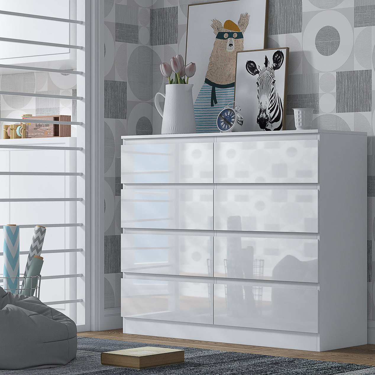 FWStyle Stora 8 Drawer Wide 4+4 Chest Of Drawers - White Gloss Front