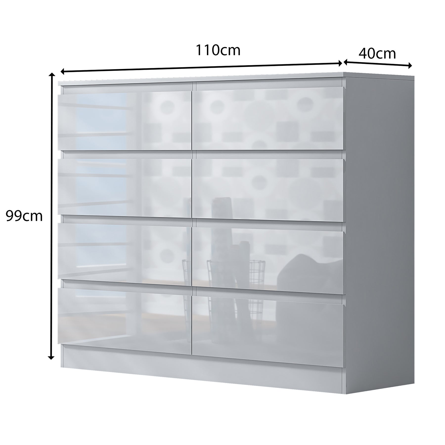 FWStyle Stora 8 Drawer Wide 4+4 Chest Of Drawers - White Gloss Front