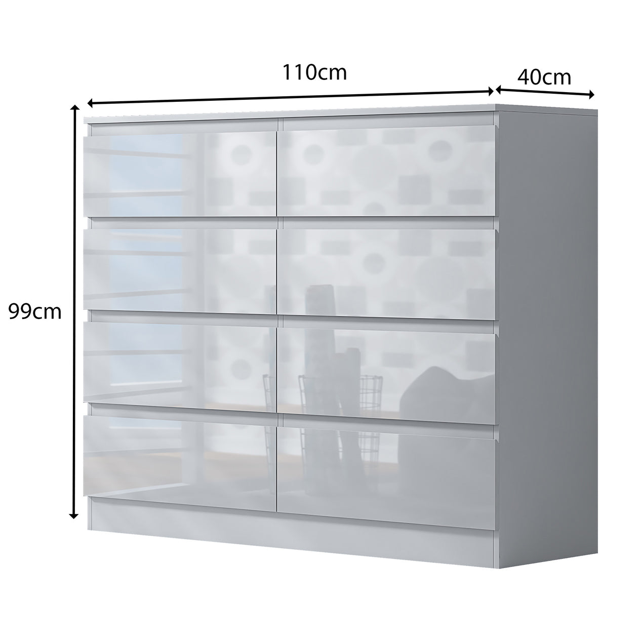 FWStyle Stora 8 Drawer Wide 4+4 Chest Of Drawers - White Gloss Front