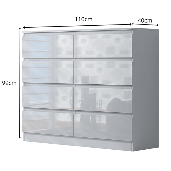 FWStyle Stora 8 Drawer Wide 4+4 Chest Of Drawers - White Gloss Front