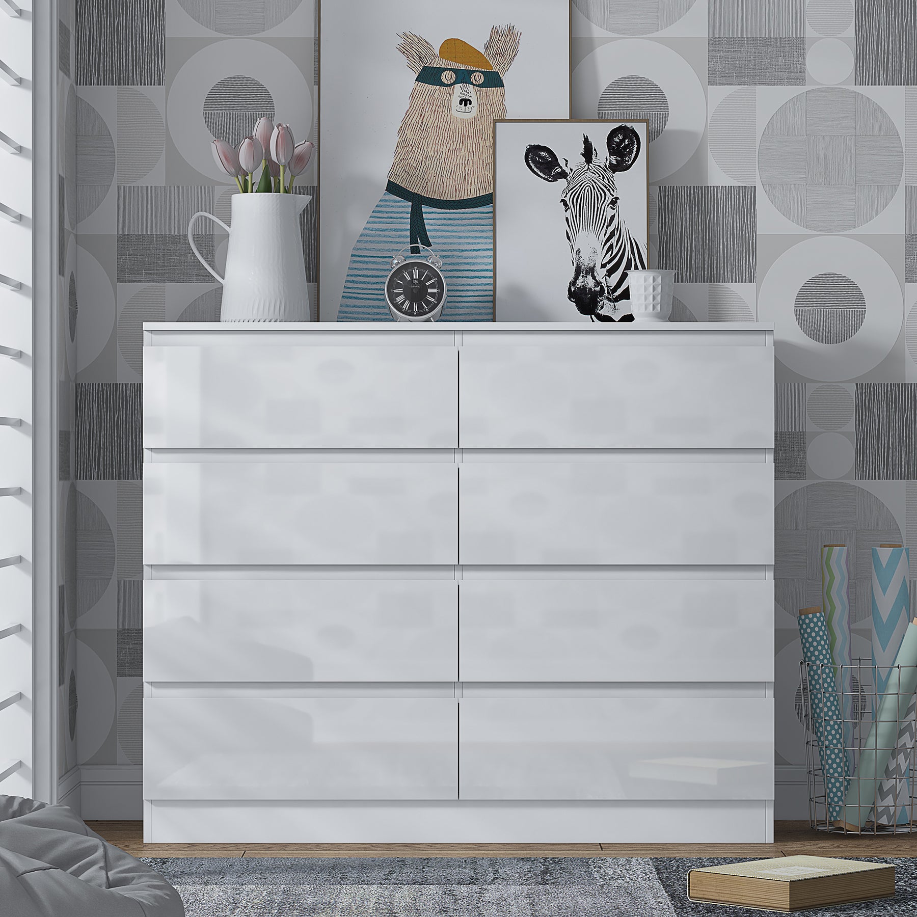 FWStyle Stora 8 Drawer Wide 4+4 Chest Of Drawers - White Gloss Front