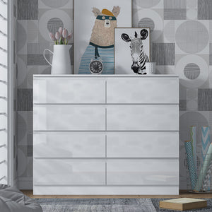 FWStyle Stora 8 Drawer Wide 4+4 Chest Of Drawers - White Gloss Front