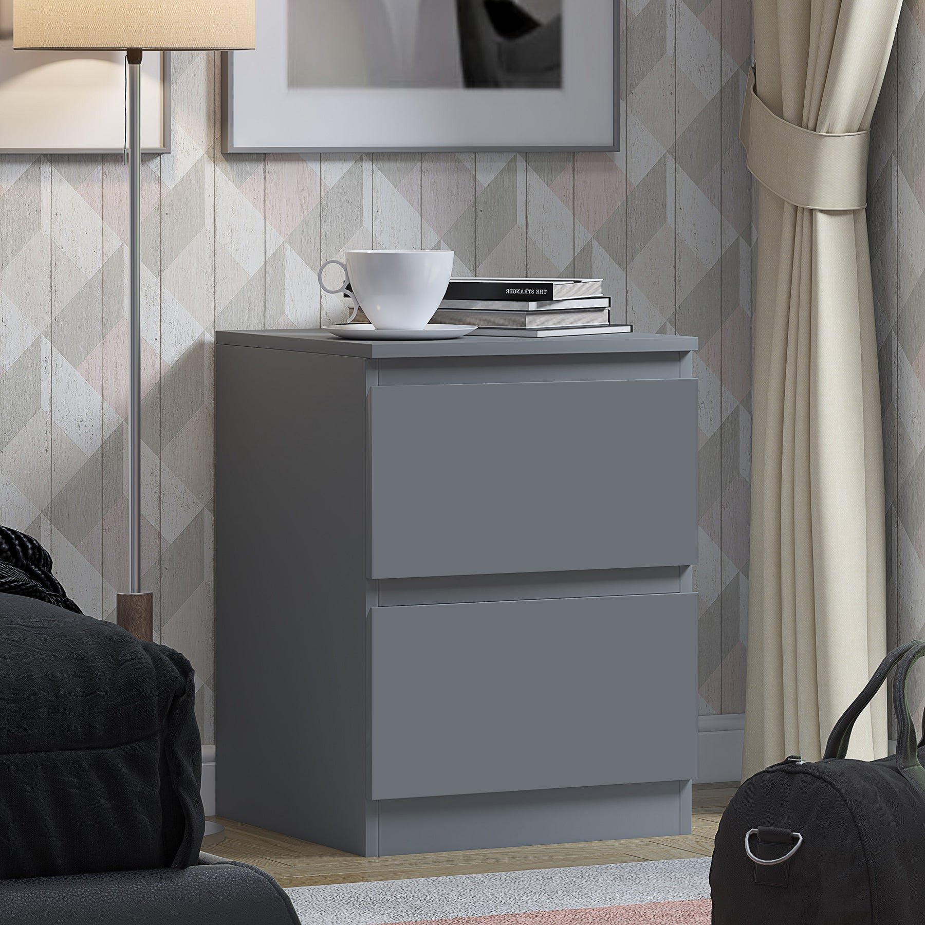 FWStyle Stora 2 Drawer Bedside Cabinet - Matt Dark Grey