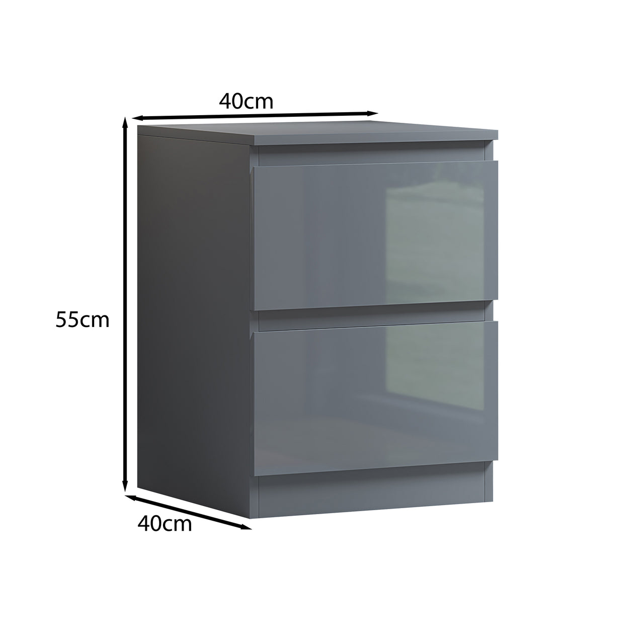FWStyle Stora 2 Drawer Bedside Cabinet - Grey Gloss Front