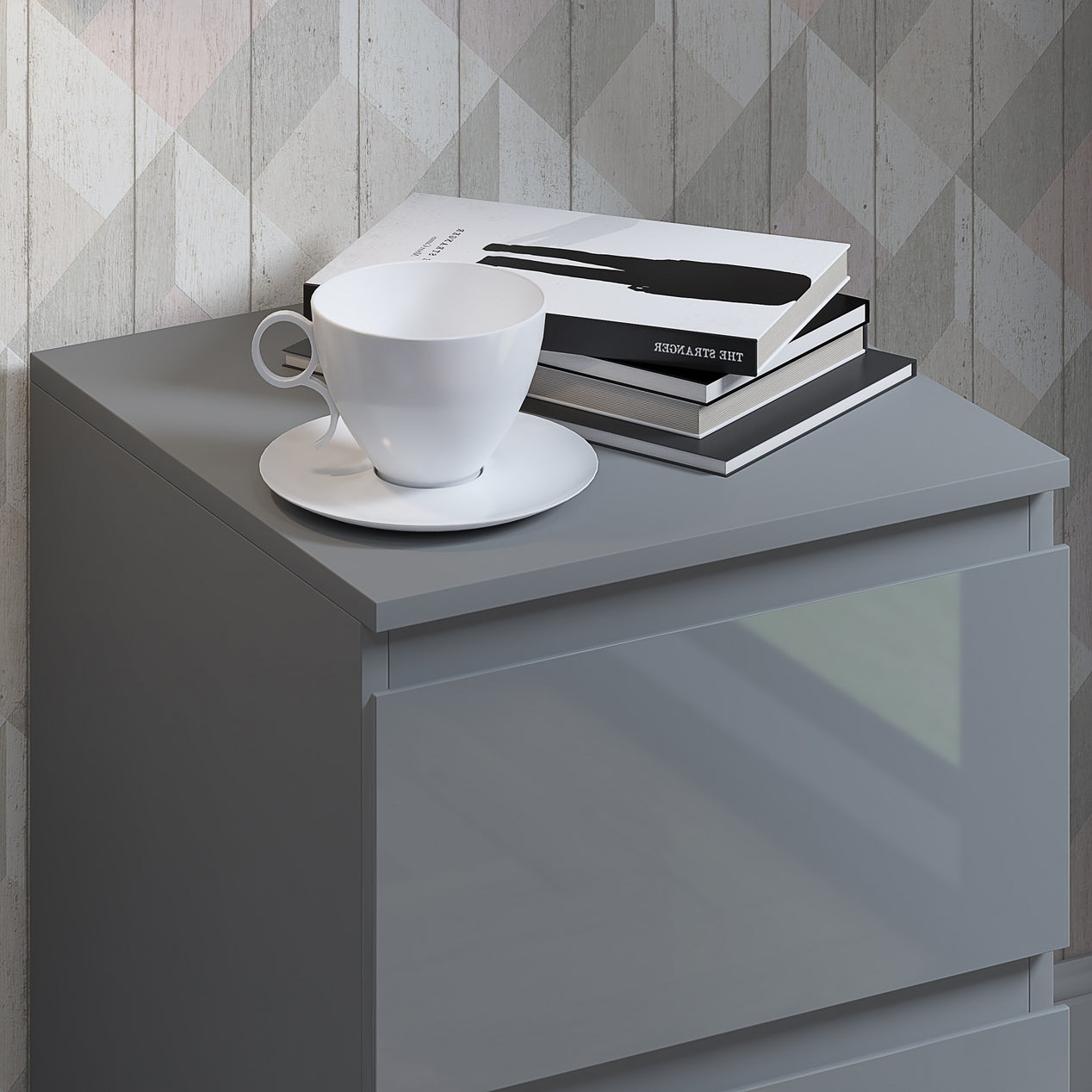 FWStyle Stora 2 Drawer Bedside Cabinet - Grey Gloss Front