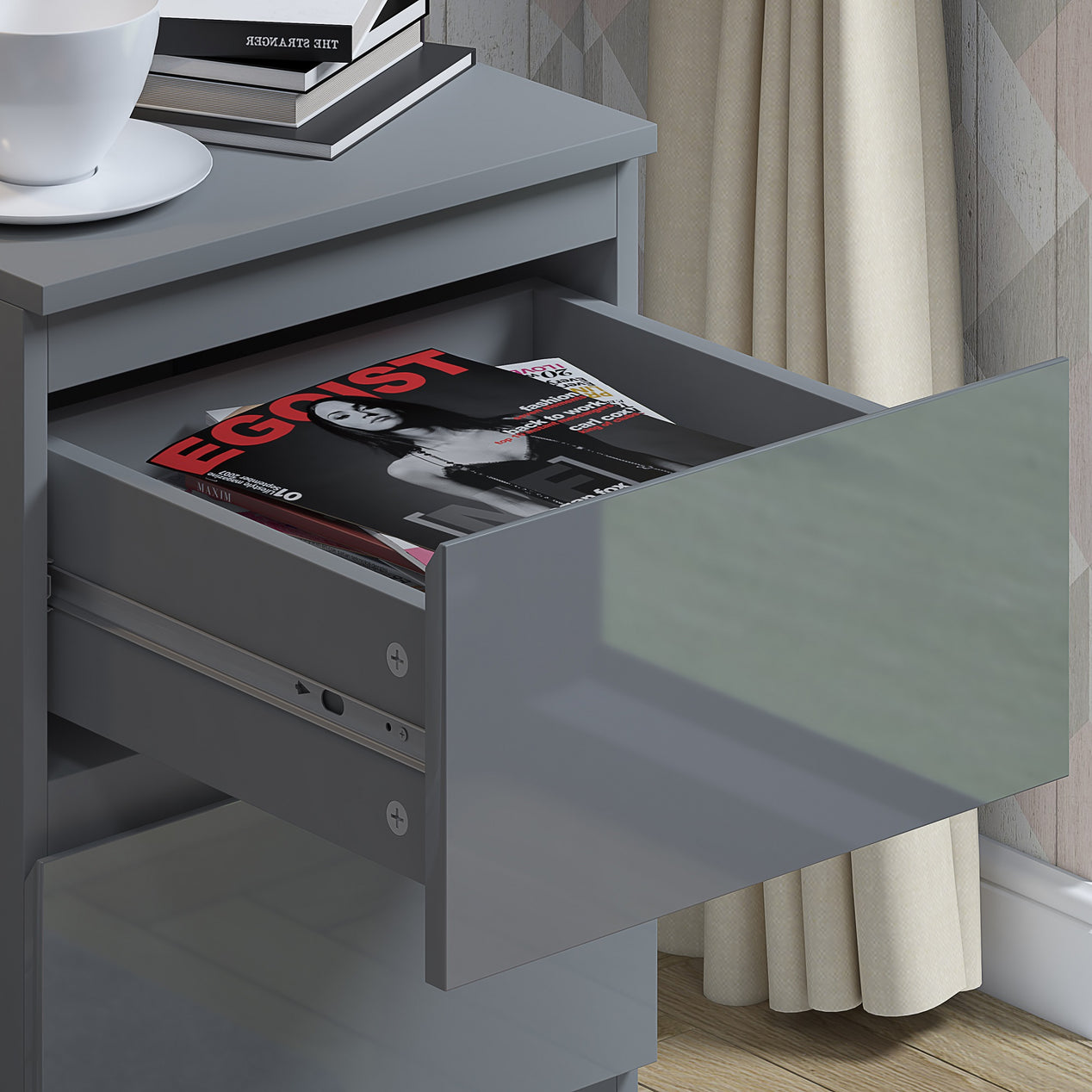 FWStyle Stora 2 Drawer Bedside Cabinet - Grey Gloss Front