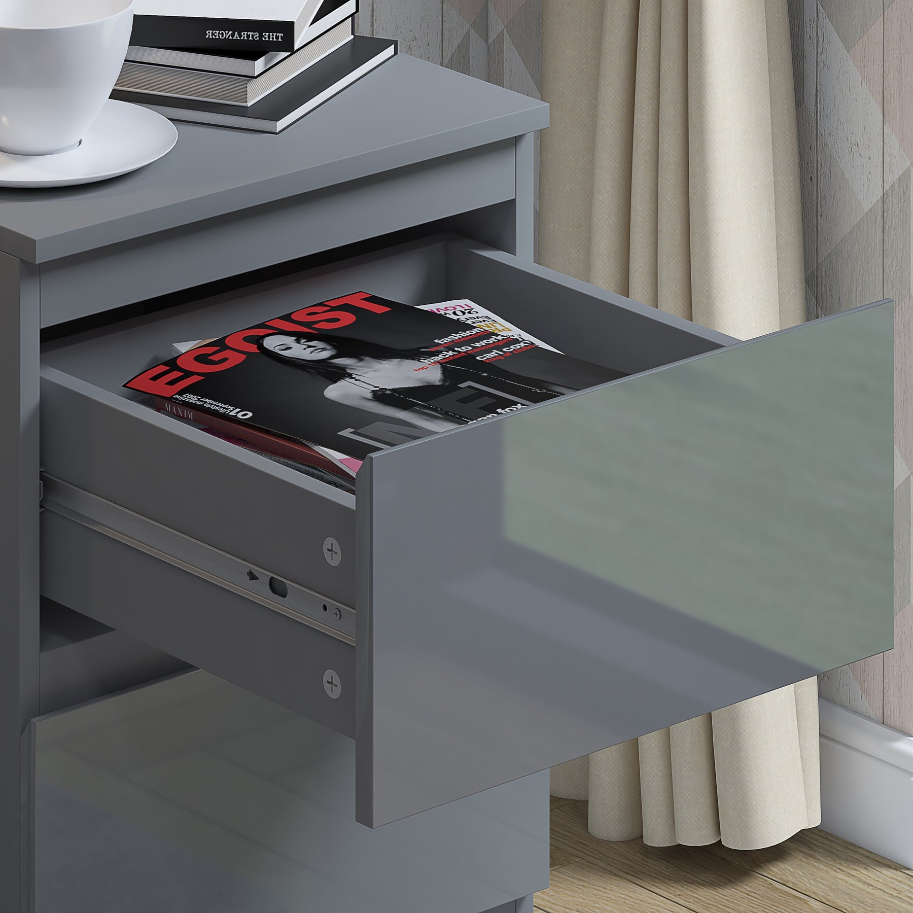 FWStyle Stora 2 Drawer Bedside Cabinet - Grey Gloss Front