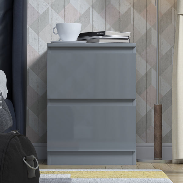 FWStyle Stora 2 Drawer Bedside Cabinet - Grey Gloss Front