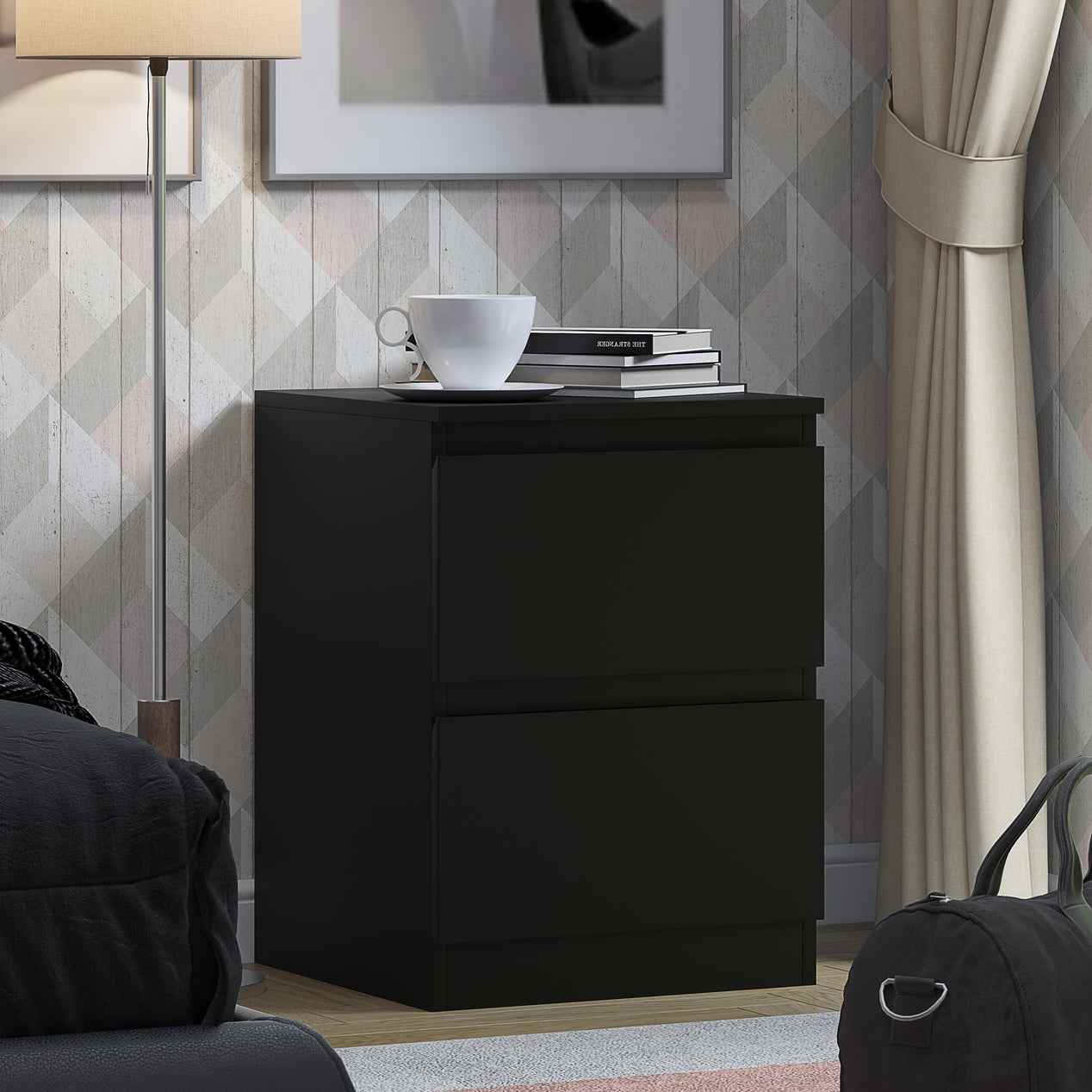 FWStyle Stora 2 Drawer Bedside Cabinet - Matt Black