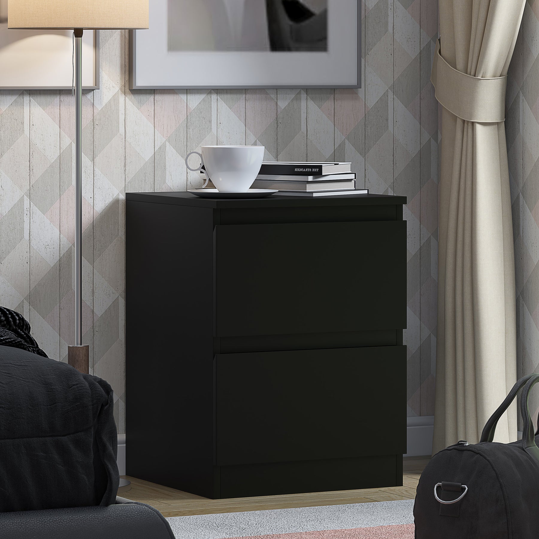 FWStyle Stora 2 Drawer Bedside Cabinet - Matt Black