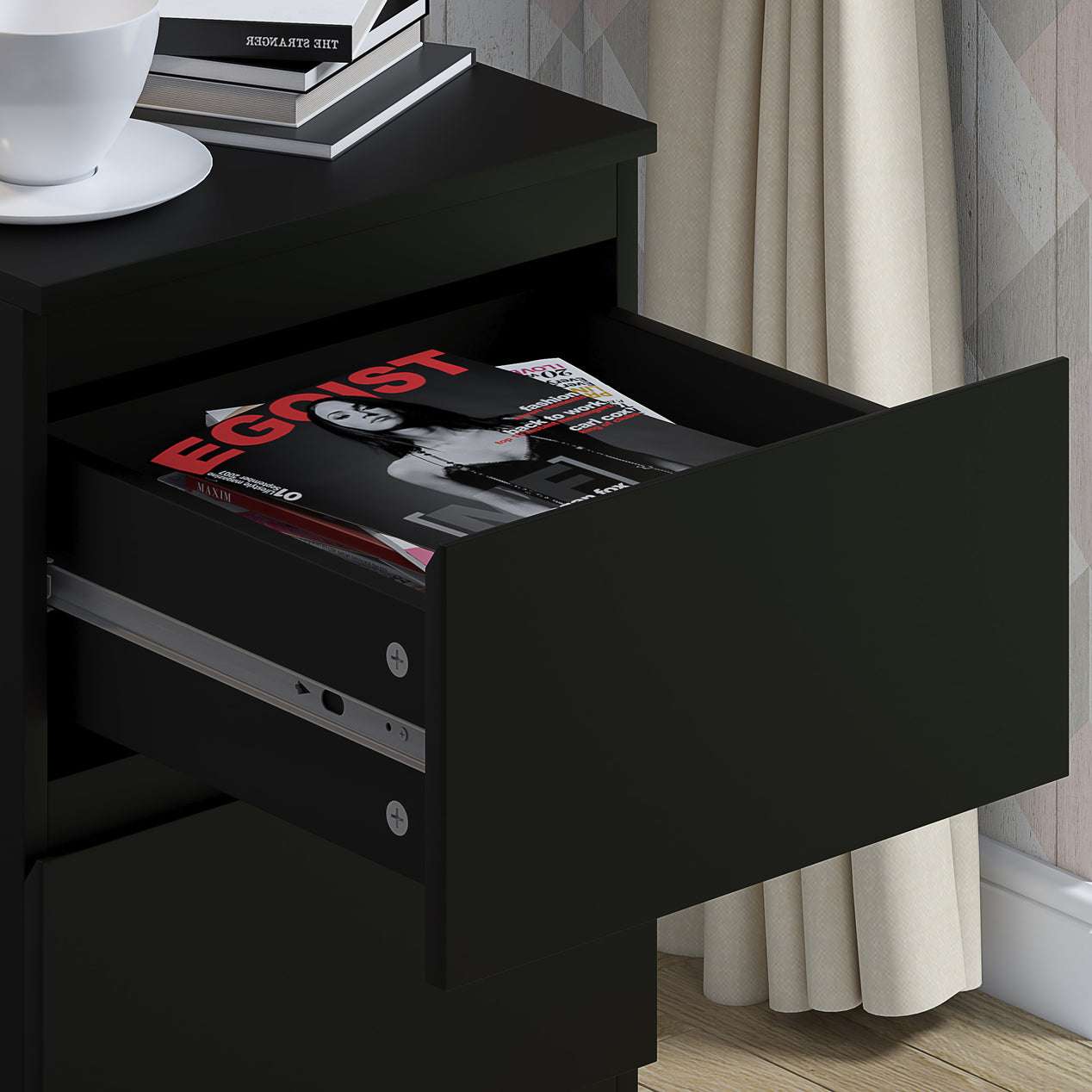 FWStyle Stora 2 Drawer Bedside Cabinet - Matt Black