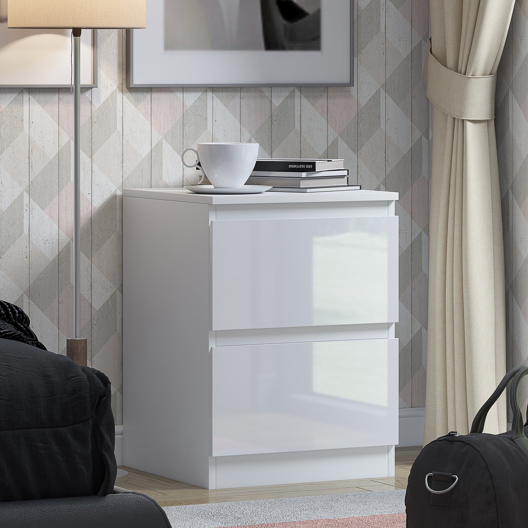 FWStyle Stora 2 Drawer Bedside Cabinet - White Gloss Front