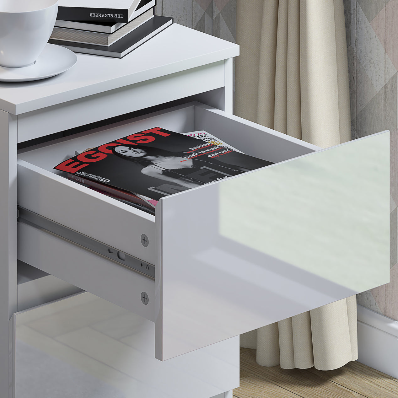 FWStyle Stora 2 Drawer Bedside Cabinet - White Gloss Front