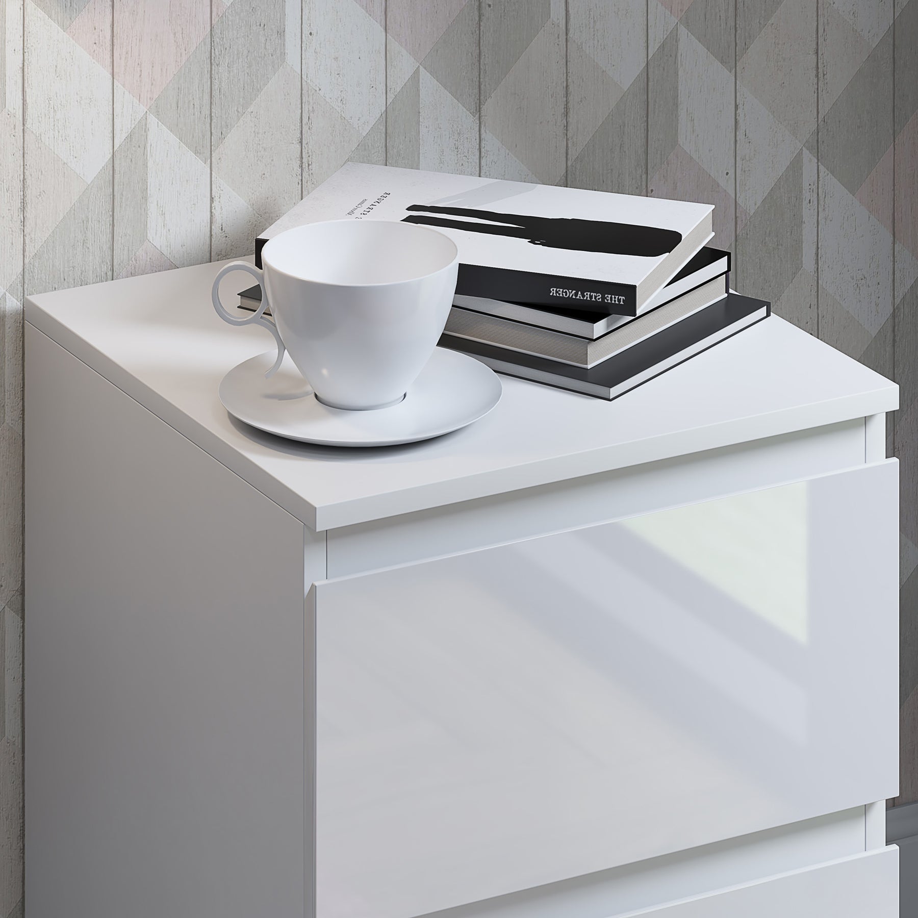 FWStyle Stora 2 Drawer Bedside Cabinet - White Gloss Front