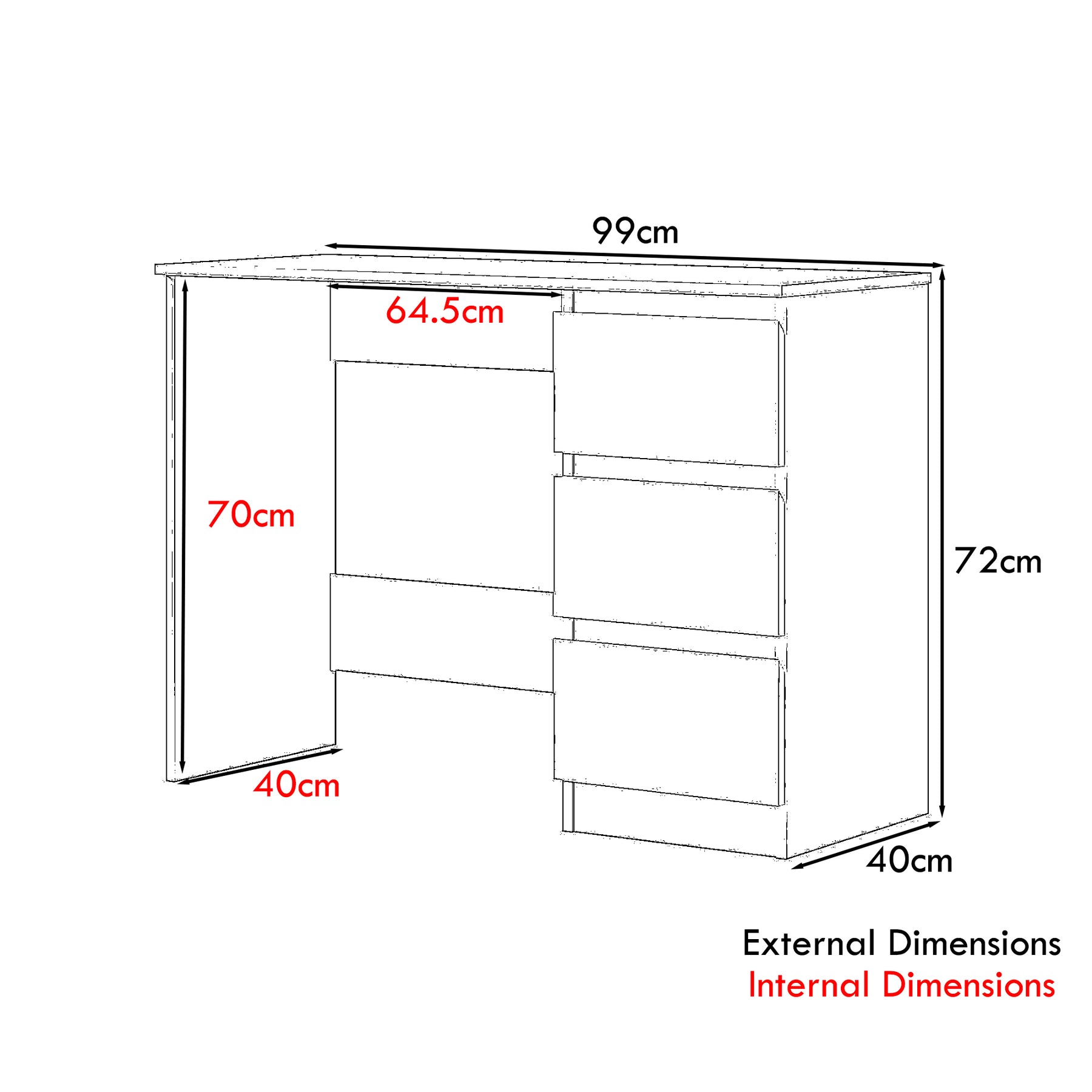 FWStyle Stora 3 Drawer Dressing Table - White Gloss Front
