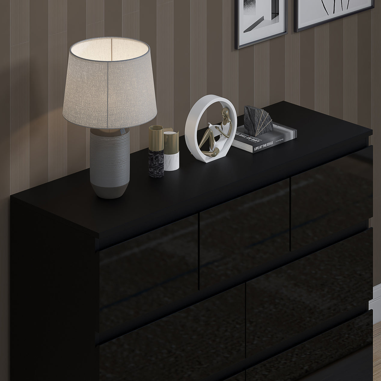 FWStyle Stora 7 Drawer Merchant Chest Of Drawers - Black Gloss Front