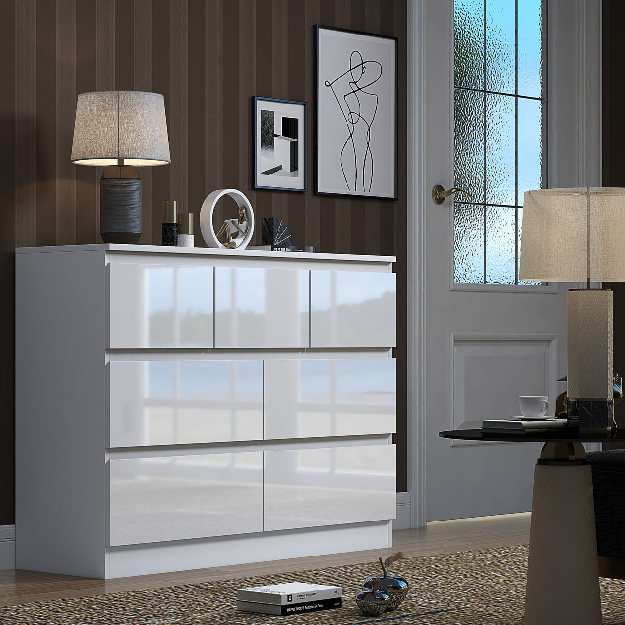 FWStyle Stora 7 Drawer Merchant Chest Of Drawers - White Gloss Front