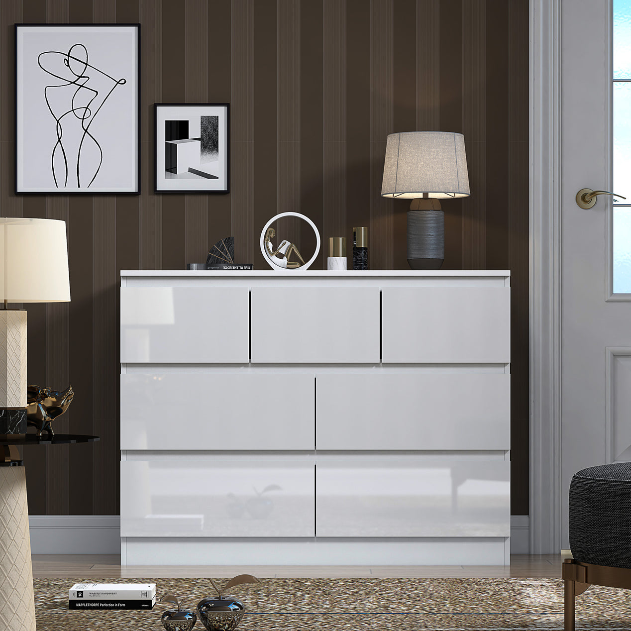 FWStyle Stora 7 Drawer Merchant Chest Of Drawers - White Gloss Front