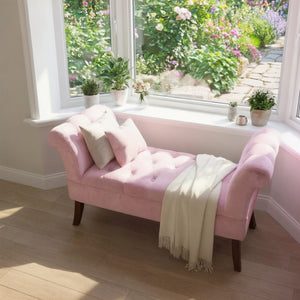 Window Seat Button Tufted Pink Velvet Cushioned Bench