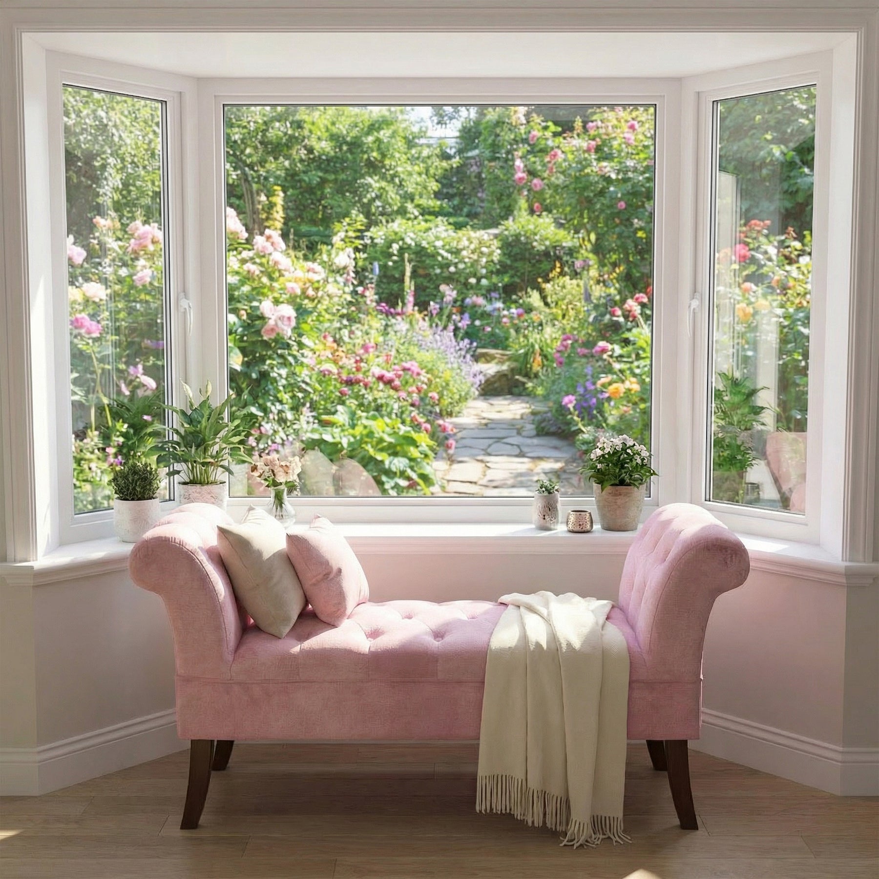 Window Seat Button Tufted Pink Velvet Cushioned Bench