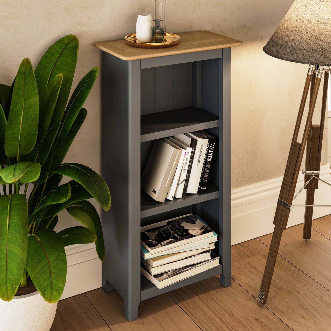 Taberno Oak 3 Tier Bookcase Graphite Blue