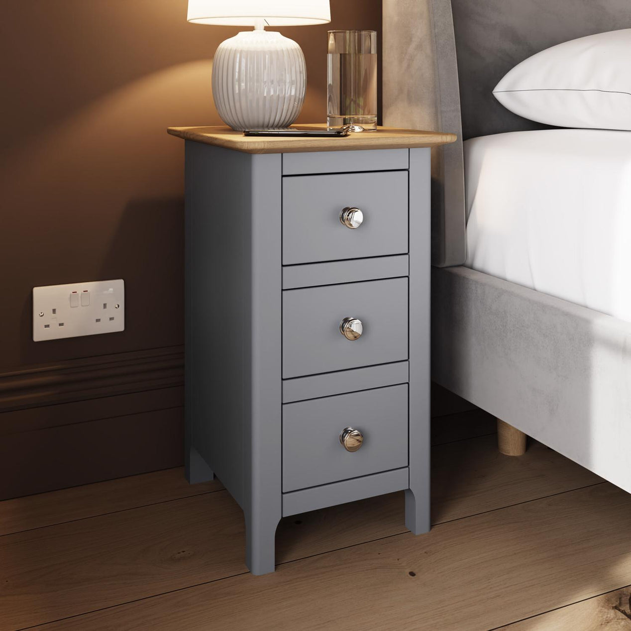 Taberno Oak 3 Drawer Bedside Table Nightstand Cabinet Dove Grey