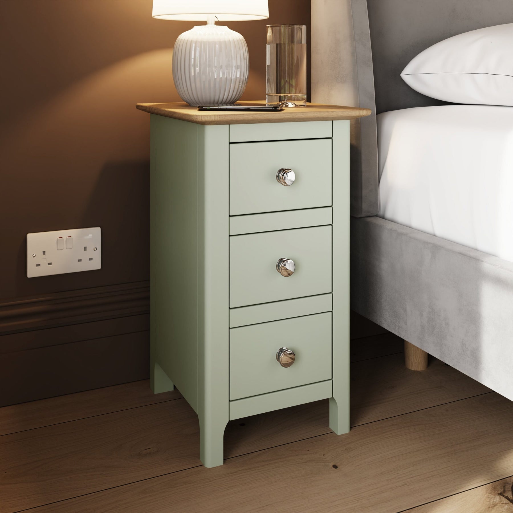 Taberno Oak 3 Drawer Bedside Table Nightstand Cabinet Sage Green